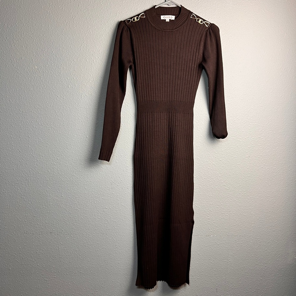 Nanette Nanette Lepore Brown Ribbed Knit Maxi Dress Gold Hardware XS Long Sleeve